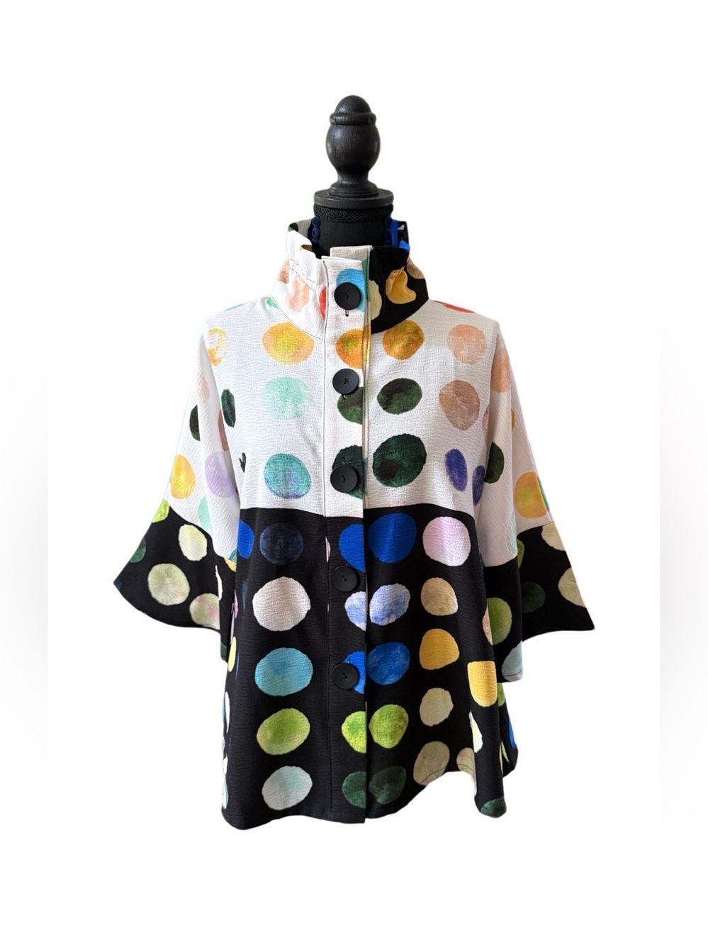 Damee: White and Black Button Up Jacket with Colorful Polkadots and Bold Buttons